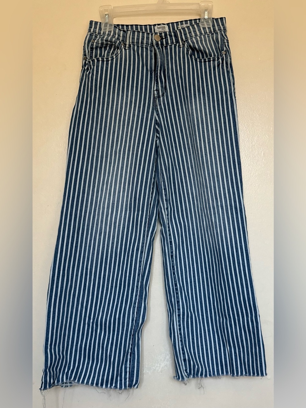 Kensie Blue and White Vertical-Striped Wide-Leg Jeans - Picture 2 of 8